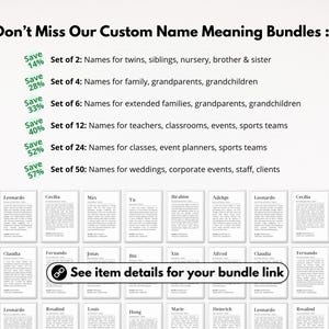 Custom name meaning print bundles set of 2 4 6 12 24 50 names personalized family gift grandparent gift classroom teacher gift wedding event planner digital download instant printable