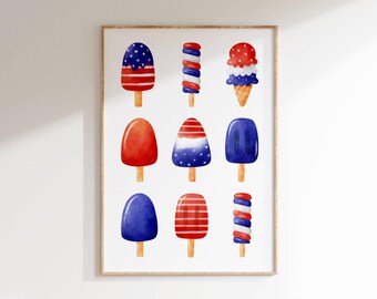 Patriotic Popsicle Watercolor Print: 4th of July Kitchen Art (Digital Download)