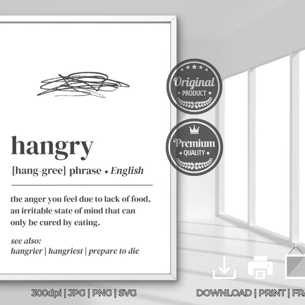 Hangry Kitchen Typography, Definition Print Funny Printable Wall Art, Minimalist Home Decor, Funny Office Poster, Dorm room art, Digital Art