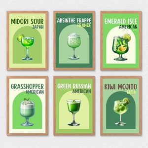 Cocktail Poster Set of 6 Green Drinks, Digital Bar Cart Art, Vibrant Drink Prints, Mixology Wall Decor, Home Bar Printable, Drinks Gallery