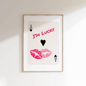 Im Lucky Playing Card Wall Art Trendy Retro Kiss Lips Printable Poster Romantic Ace of Hearts Decor Femme Fatale Apartment Aesthetic Print