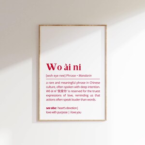 I Love You Definition in Mandarin Wo Ai Ni Printable Wall Art Romantic Typography Fun Gift for Valentines Day Personalized Decor Love Poster