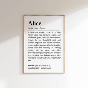 Alice Name Definition Wall Art Personalized Name Meaning Minimalist Typography Birthday Present Decor Gift for Her Kids Room Nursery Poster