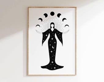 Celestial Woman Moon Phases Art Print: Boho Mystic Decor (Digital Download)