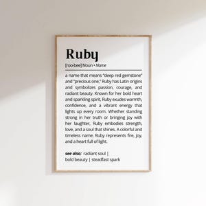 May include: A framed print with the name "Ruby" in bold black letters. The definition includes the meaning, origin, and symbolism of the name, with phrases like "deep red gemstone" and "radiant beauty."