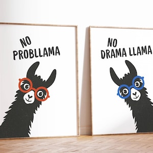 Funny Llama Wall Art Set of 2 No Probllama & No Drama Llama Printable Posters Quirky Animal Decor for Kids Room or Home Office Gift for Kids