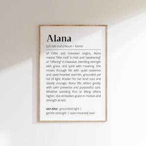 Alana Name Definition Wall Art Positive Name Meaning Personalized Gift for New Mom Baby Shower Printable Poster Typography Nursery Art Decor
