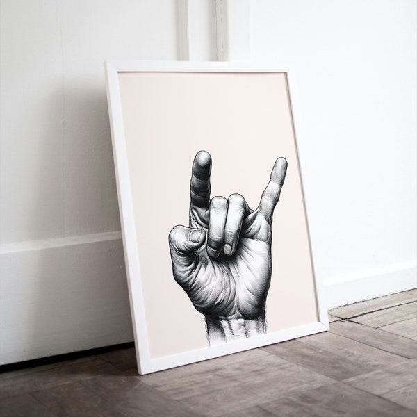 Rock N Roll Hand Sign, 80s rock and roll, 90s rock n roll, rock n roll poster, sign of the horns, music poster, hand sign rock and roll