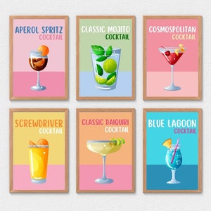 Cocktail Poster Set of 6 Classics, Digital Bar Cart Art, Vibrant Drink Prints, Mixology Wall Decor, Home Bar Printable, Drinks Gallery