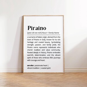 Piraino Family Name Definition Wall Art Surname Meaning Print Ancestry Heritage Decor Personalized Name Poster Unique Art Gift for Families