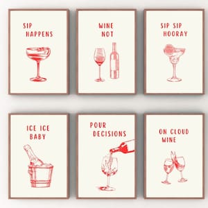 Bar Art Prints Nowoczesne plakaty z alkoholem Wydruki z koktajlami Sztuka ścienna na wózek barowy Plakat z winem Wydruki z napojami Wydruki z zabawnymi napojami Pobieranie cyfrowe Zestaw 6 sztuk