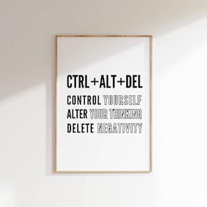Könnte beinhalten: Ein gerahmter Druck mit dem Text "CTRL+ALT+DEL" und den Wörtern "Control Yourself", "Alter Your Thinking" und "Delete Negativity" darunter.
