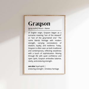 Puede incluir: Impresión enmarcada con el nombre "Grayson" en una fuente audaz y elegante. Se proporciona la definición del nombre, que detalla su origen inglés y su significado, junto con cualidades asociadas como la fuerza y la lealtad. El marco es de color marrón claro.