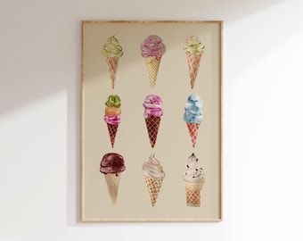 Vintage Ice Cream Cone Watercolor Print: Summer Kitchen Art (Digital Download