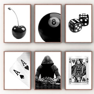 Raster Set of 6 Retro Styled Posters, Wall Art, Poker Player Hoddie, Trendy Decor, Black and White, Cherry, Eight ball, Dices, Texas Hold Em