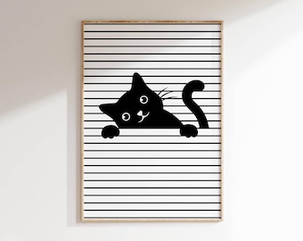 Playful Black Cat Art Print: Minimalist Kids Room Decor (Digital Download)