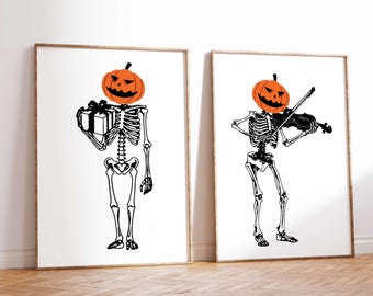 Skeleton Pumpkin Head Halloween Art Prints, Spooky Gothic Decor (Digital Download)