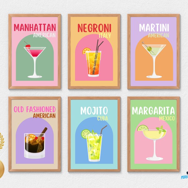 Cocktail Poster Set of 6, Digital Bar Cart Art, Vibrant Drink Prints, Retro Mixology Wall Decor, Home Bar Printable, Drinks Gallery