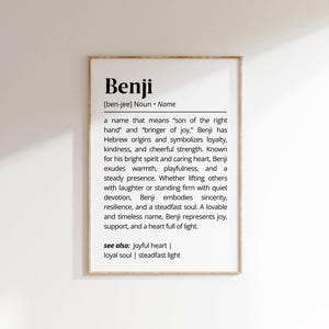 May include: A black and white printable definition of the name Benji. The definition describes Benji as a name that means "son of the right hand" and "bringer of joy". It also describes Benji as someone who is loyal, kind, cheerful, strong, warm, playful, and steadfast. The definition also says that Benji embodies sincerity, resilience, and a steadfast soul. The definition concludes by saying that Benji represents joy, support, and a heart full of light.