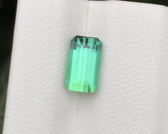 May include: A rectangular, faceted gemstone in a vivid green shade. The gem features a vertical, linear pattern within its structure, set against a white backdrop. The gemstone's colour shifts from a darker green at the top to a lighter tone at the bottom.