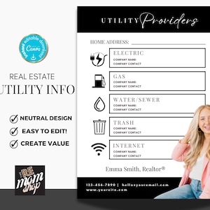 May include: A black and white printable real estate utility information sheet with icons for electric, gas, water/sewer, trash, and internet. The sheet includes spaces to fill in the company name and contact information for each utility. The sheet also includes the text "UTILITY Providers" and "REAL ESTATE UTILITY INFO".