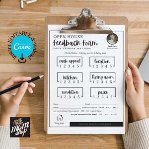 May include: A black and white open house feedback form with a rating scale from 1 to 5 for categories like curb appeal, location, kitchen, living room, condition, and price. The form also includes fields for name, phone, email, and preferred contact method.