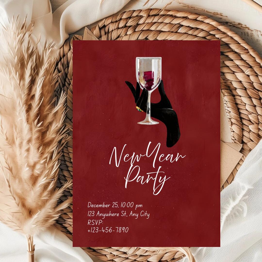 Red Wine New Year Party Invitation | Chic Canva Template (digital) - Etsy