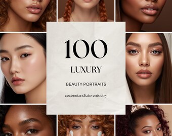 May include: A collage of nine beauty portraits featuring diverse women with various skin tones and hairstyles. The central image displays the text "100 LUXURY BEAUTY PORTRAITS" and the Etsy shop name "coconutandkaievents.etsy".