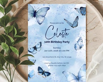 May include: A light blue birthday party invitation featuring watercolor butterflies. The invitation reads "Please join us for Celeste 10th Birthday Party" with event details. The design includes a watercolor background and butterfly illustrations.