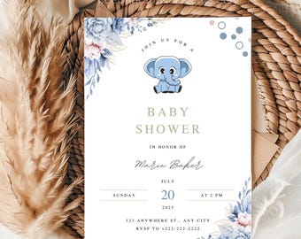 May include: Baby shower invitation with a blue elephant illustration. The invitation includes the text "Join us for a Baby Shower" and details for Marie Baker's shower on July 20, 2025, at 2 PM. Floral accents in blue and pink.