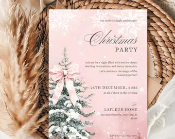 May include: A pink Christmas party invitation with a watercolor illustration of a Christmas tree and a large pink bow. The invitation includes the text "Christmas Party" and event details.