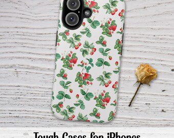 Strawberries Phone Case - Tough Case for iPhone 16, iPhone 15, iPhone 14, iPhone 13, iPhone 12, iPhone 11 - Cottagecore