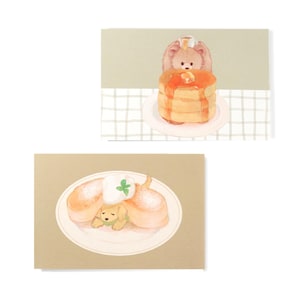 Cartão postal de panquecas de urso e cachorrinho | Impressão artística, cartões fofos, presente artístico