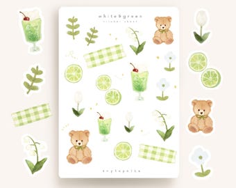Cute Bear Green Sticker sheet｜Cute Stickers, Journal, Cute Animal Stickers