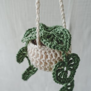 Peut inclure: Un cache-pot suspendu au crochet, de couleur cr&egrave;me et vert. Le panier cr&egrave;me est orn&eacute; de feuilles vertes et suspendu par une corde cr&egrave;me. Cet objet fait main est id&eacute;al pour les petites plantes et ajoute une touche de charme artisanal.