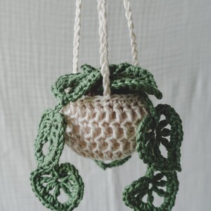 Peut inclure: Un porte-plante en crochet fait &agrave; la main. Le pot est de couleur cr&egrave;me avec un motif de feuilles vertes. Les feuilles sont vert fonc&eacute; et sont attach&eacute;es au pot cr&egrave;me. Le support est suspendu par trois cordons cr&egrave;me.