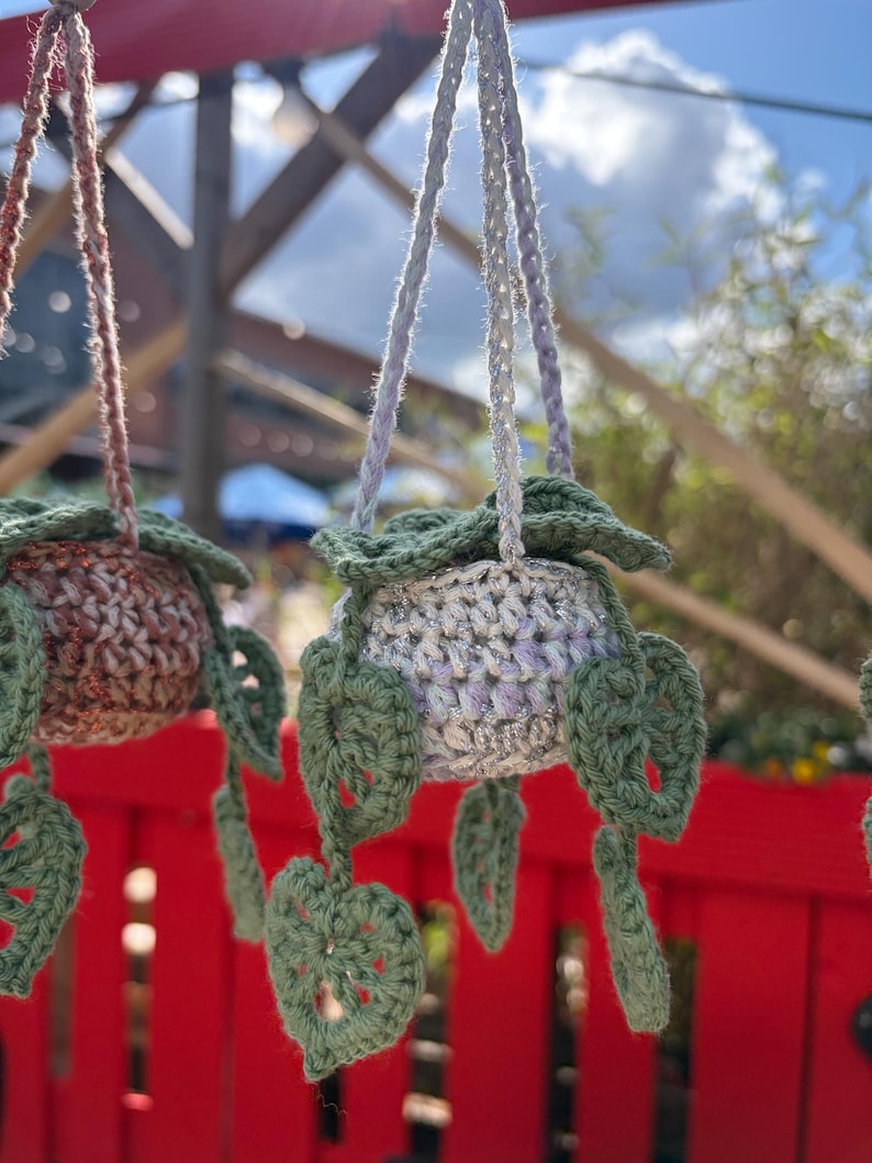 Peut inclure: Suspensions de plantes crochet&eacute;es dans les tons de vert, blanc et marron. Les supports sont suspendus par des cordons tress&eacute;s et pr&eacute;sentent des accents de feuilles d&eacute;coratives. L'arri&egrave;re-plan comprend une cl&ocirc;ture rouge et un aper&ccedil;u du ciel.