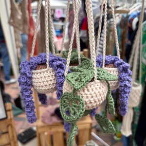 Peut inclure: Des cache-pots suspendus en crochet beige, violet et vert. Les cache-pots sont suspendus par des cordons cr&egrave;me. Les cache-pots violets ont un design &agrave; volants, tandis que les verts pr&eacute;sentent des accents de feuilles. Les cache-pots sont con&ccedil;us pour contenir de petites plantes.