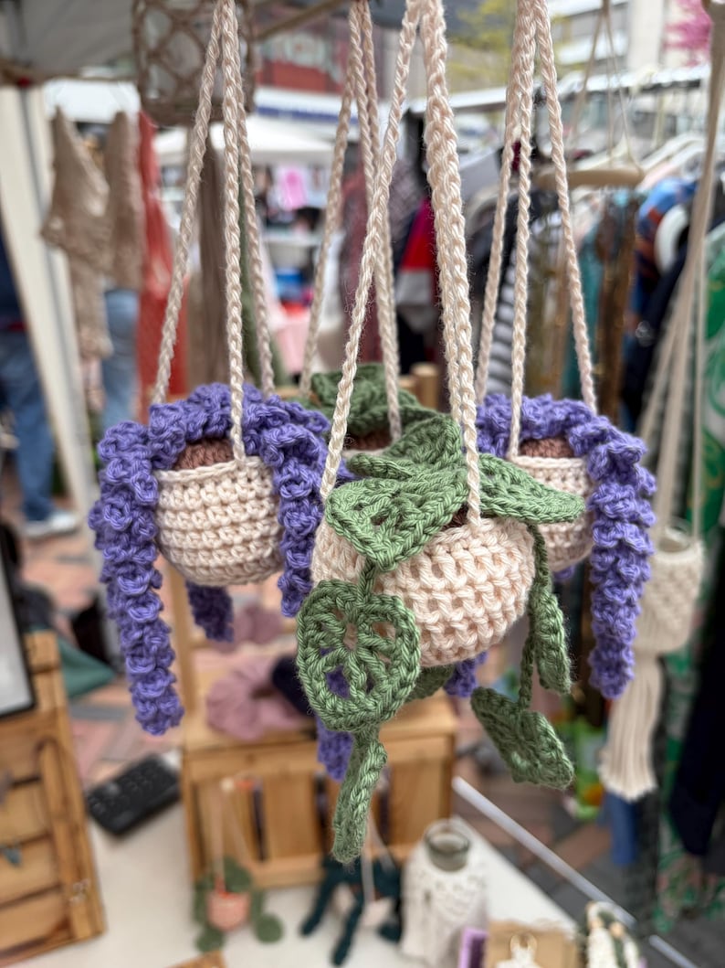 Peut inclure: Des cache-pots suspendus en crochet beige, violet et vert. Les cache-pots sont suspendus par des cordons cr&egrave;me. Les cache-pots violets ont un design &agrave; volants, tandis que les verts pr&eacute;sentent des accents de feuilles. Les cache-pots sont con&ccedil;us pour contenir de petites plantes.