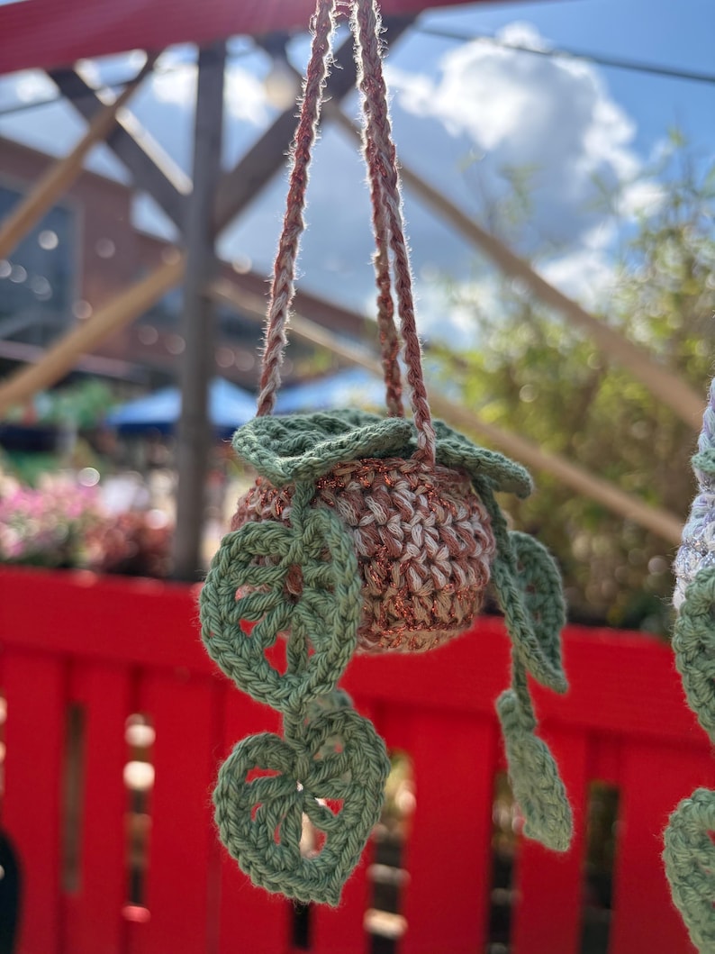 Peut inclure: Un pot de fleurs suspendu au crochet fait &agrave; la main. Le pot est un m&eacute;lange de fil marron et beige avec un bord vert et des feuilles vertes d&eacute;coratives. Les cordons de suspension sont marron et beige. Le pot est con&ccedil;u pour contenir une petite plante.