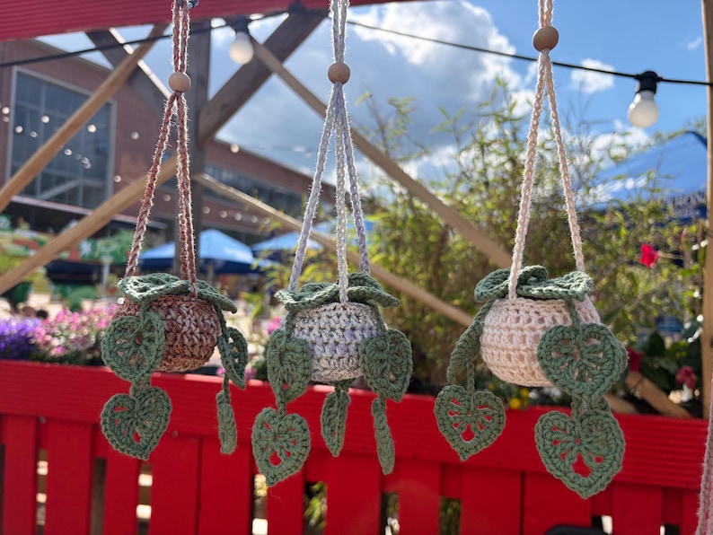 Peut inclure: Trois cache-pots suspendus en crochet. Chacun a un pot rond avec un motif de feuilles vertes et des feuilles vertes suspendues. Les pots sont dans des tons de marron, de gris et de cr&egrave;me. Les cintres sont en cordon torsad&eacute; et ont des perles en bois.