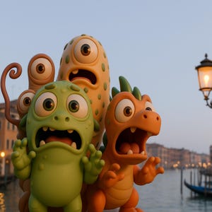 May include: Four cartoon monsters with different colors and expressions, including green, orange, yellow, and brown, are looking at something off-screen. The monsters have large eyes and open mouths, suggesting they are surprised or scared.
