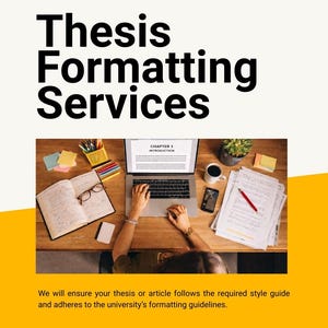 May include: An image advertising thesis formatting services. A person is working on a laptop, with an open book, coffee, and papers on a wooden desk. The image includes the text "Thesis Formatting Services" and "Chapter 1 Introduction."