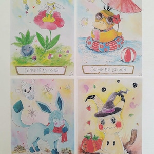 May include: Four watercolor illustrations depicting seasonal themes. "Spring Blooms" shows a flower with a character, "Summer Splash" features a duck with sunglasses, "Winter Frost" has a blue character, and "Autumn Spooks" shows a character with a witch hat. Each has a text label.