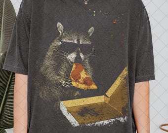 Camiseta unisex con diseño de mapache comiendo pizza, divertida camiseta vintage con meme de mapache, ideal como regalo para mujer y hombre.