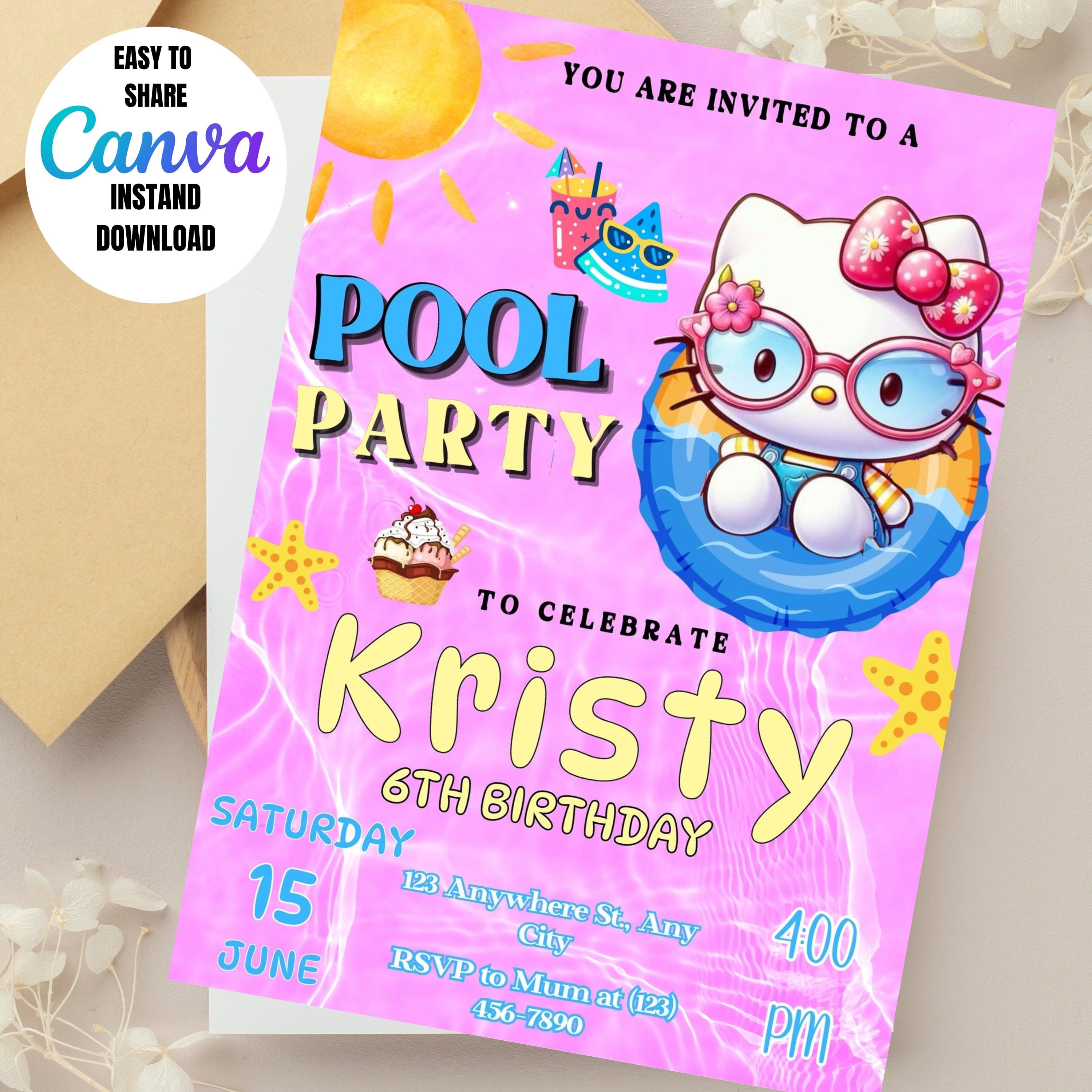 6TH Kitty Pool Party Invitation Summer Birthday Evite Canva Kawaii ...