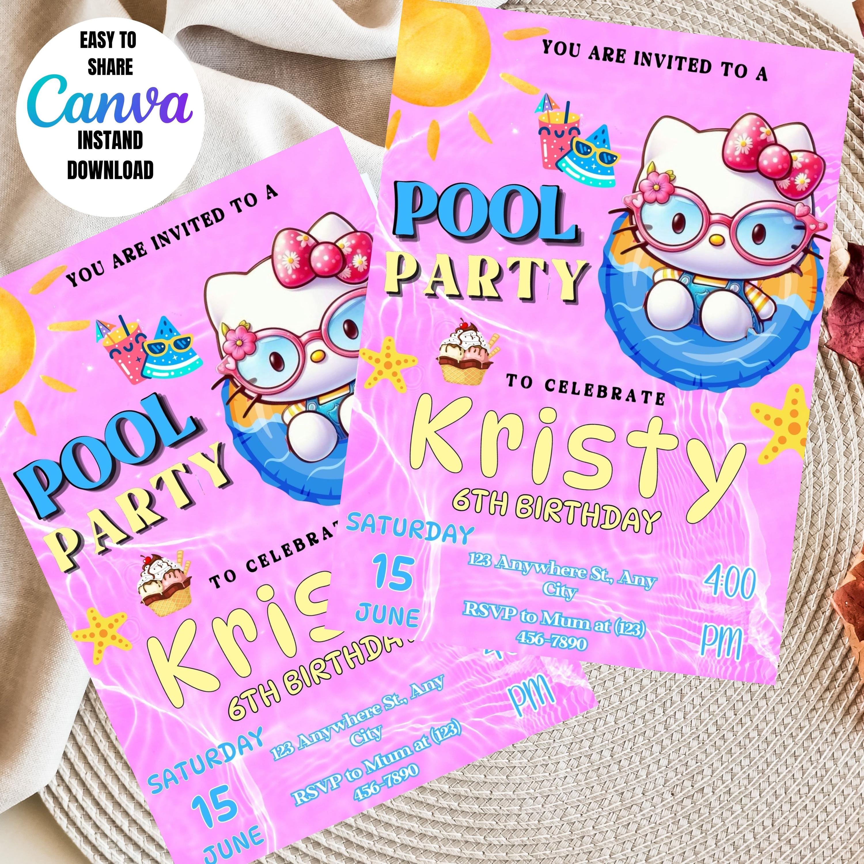 6TH Kitty Pool Party Invitation Summer Birthday Evite Canva Kawaii ...