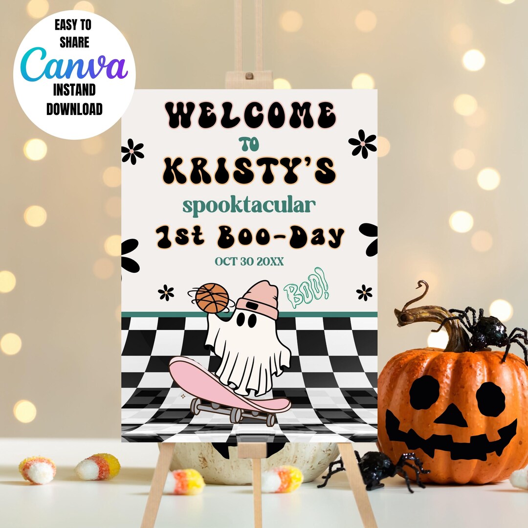 Editable Spooky Halloween Ghost Birthday Welcome Sign Retro Groovy ...