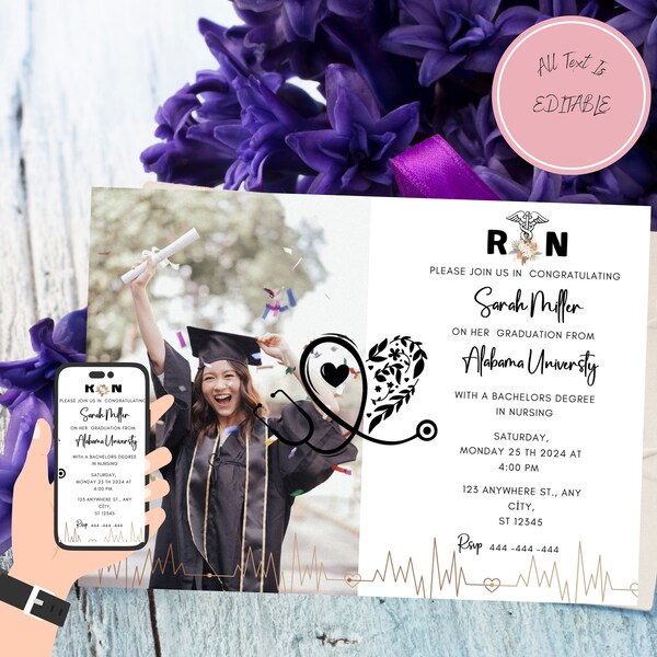 Editable Nursing Graduation Invitation With Photo Registered Nurse Boho Floral Black & White Invite Grad Announcement Edit Online Flowers G3