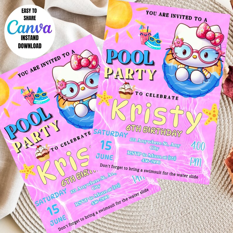 6TH Kitty Pool Party Invitation | Summer Birthday Evite Canva | Kawaii ...